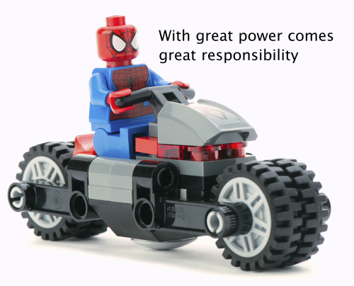 Lego Spiderman on a bike with quote: "With great power comes great responsibility"